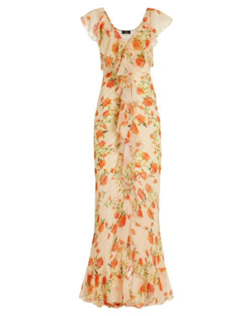 Macaroon Flutter-Sleeve Ruffled Chiffon Maxi Dress