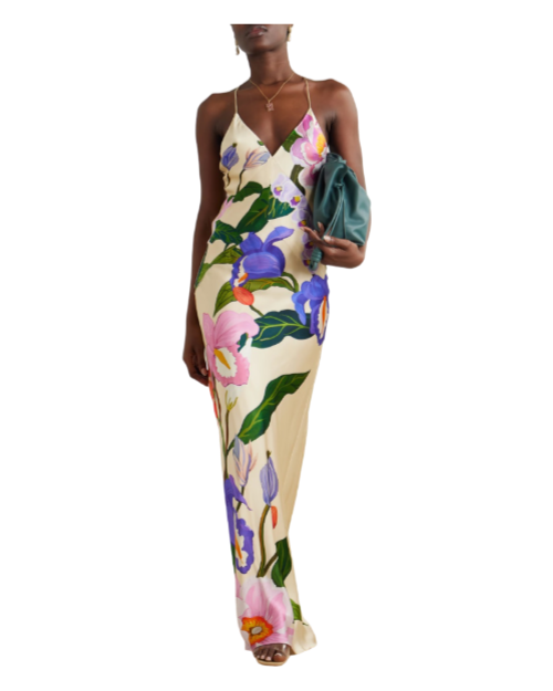 Olive floral-print satin-crepe maxi dress