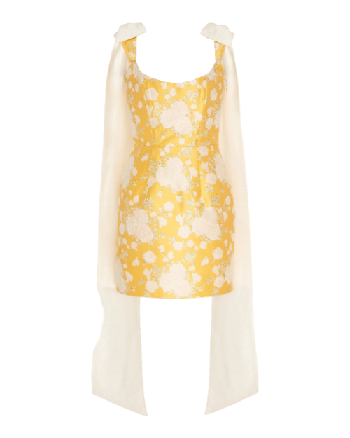 Celestia Yellow Floral Brocade Mini Dress